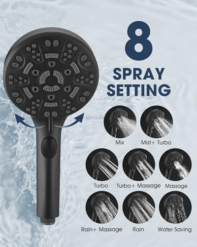 Handheld Shower Head with 6.56ft Extra Long Hose, On Off Switch 8-Seting High Preesure Hand Held Showerhead, Low-Reach Adhesive Holder for Kid, Disable& Elder (Matte Black) - color: Matte Black