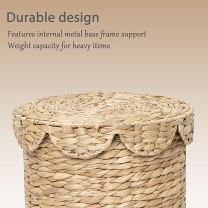 Small Round Water hyacinth Wicker Laundry hamper basket with lid | Eco-friendly,Handwoven,Natural Storage for Toys,Blankets,Dirty Clothes - Bedroom & Bathroom - size: Small