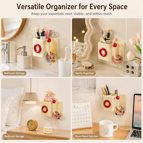 Toothbrush Holder for Bathroom - No Drill Wall Mount Toothbrush & Toothpaste Rack with Drain Holes, Cute Cream Style Bathroom Organizer, Glossy Finish Countertop Storage - color: Cream Red