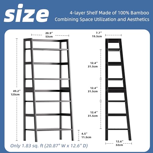 HITNET Black Bookshelf, 4-Tier Ladder Shelf, Freestanding Leaning Bookcase with Bamboo Shelves, Space Saving Flower Plant Stand for Small Space - color: Black