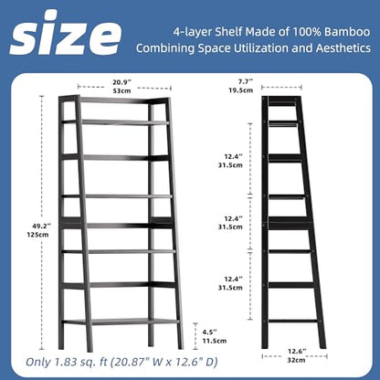 HITNET Black Bookshelf, 4-Tier Ladder Shelf, Freestanding Leaning Bookcase with Bamboo Shelves, Space Saving Flower Plant Stand for Small Space - color: Black