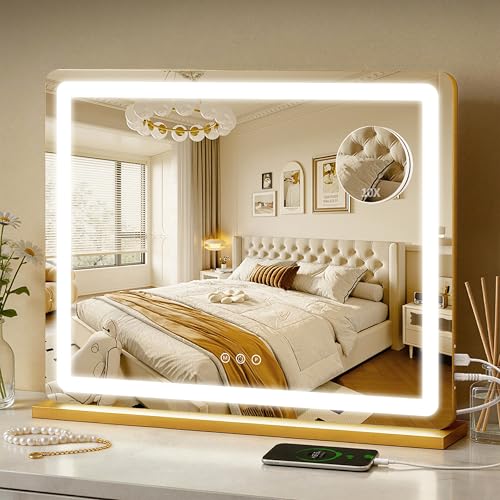 ROLOVE 23"x18" Gold Vanity Mirror with Lights, Large Lighted Makeup Mirror with 10X Magnifier, 3 Color Lighting & Stepless Dimming, Wall Mounted or Tabletop Desk Mirror for Bedroom - color: Gold, size: 23"L x 19"W