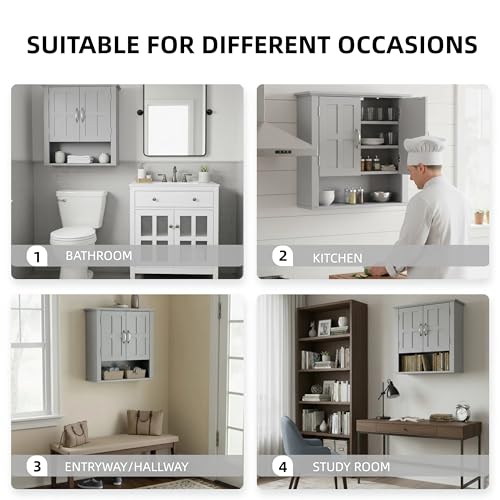 Merax Bathroom Wall Cabinet, Medicine Cabinet with 2 Doors Cabinet and Adjustable Shelves, Over The Toilet Storage Cabinet for Bathroom,Grey - color: Grey