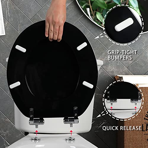 Angel Shield Round Toilet Seat Wood Molded UV Lid Soft Close | Quick Release Metal Hinges, Adjustable Fit for Standard Round Toilets, Easy Install&Clean(Black) - color: Black, size: Round