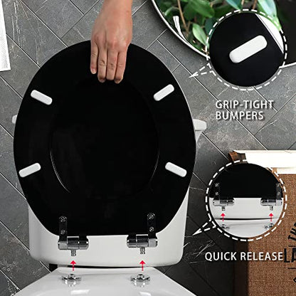 Angel Shield Round Toilet Seat Wood Molded UV Lid Soft Close | Quick Release Metal Hinges, Adjustable Fit for Standard Round Toilets, Easy Install&Clean(Black) - color: Black, size: Round