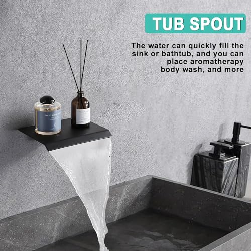 10 Inch Shower Faucet Set, Ceiling Mounted Rainfall Shower System with High Pressure Handheld Shower Head, Bathroom Mixer Shower Set Rough-in Valve and Trim Kit, Matte Black, with Tub Spout - color: Matte Black with Tub Spout, style: 10 Inch