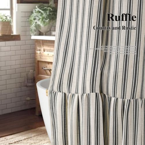 Farmhouse Shower Curtain Ruffle Linen Cream-Black Stripe 72"W x 78"L | Farmhouse Boho, Striped, Bottom Ruffle, Linen Fabric, Rustic, Country, Natural Look, Washable, for Bathroom Bathtub - color: Cream-blcak Stripe, size: 72"W x 78"L