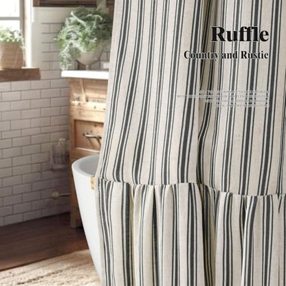 Farmhouse Shower Curtain Ruffle Linen Cream-Black Stripe 72"W x 78"L | Farmhouse Boho, Striped, Bottom Ruffle, Linen Fabric, Rustic, Country, Natural Look, Washable, for Bathroom Bathtub - color: Cream-blcak Stripe, size: 72"W x 78"L