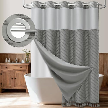 Grey Hook Free Chevron Shower Curtain & Fabric Liner,72x87 | Less Time to install, 3 in 1 Fabric Shower Curtain and Liner Set with Magnets, Extra Long, Shower Curtains for Bathroom - color: Grey, size: 72"W x 87"L (Pack of 1)