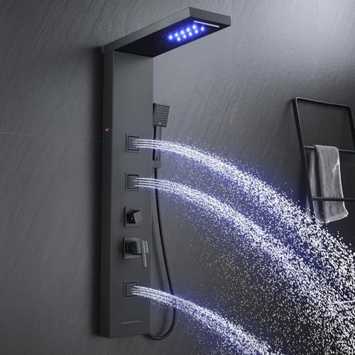 5-in-1 LED Shower Panel Tower System Stainless Steel Matte Black | Rainfall + waterfall heads | Body jets | Handheld shower | Tub spout | LED lights | Wall mount - color: Matte Black