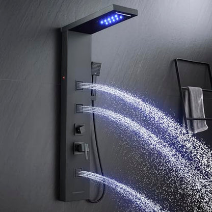 5-in-1 LED Shower Panel Tower System Stainless Steel Matte Black | Rainfall + waterfall heads | Body jets | Handheld shower | Tub spout | LED lights | Wall mount - color: Matte Black