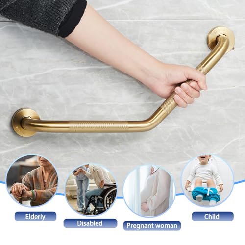 20 Inch Bathroom Grab Bar, Angled Grab Bar with Anti-Slip Knurled Grip, Brushed Gold Stainless Steel Bath Balance Bar, Safety Hand Rail Support, Handicap Elderly Senior Assist Bath Handle - color: Brushed Gold