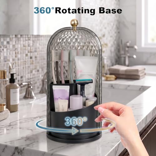 QIYVLOS Toothbrush Holders with Sliding Lid, Rotating 3 Slots Bathroom Organizer Countertop, Tooth Brush Toothpaste Holder Bathroom Counter Stand Caddy for Vanity Makeup Brushes Holder (Black) - color: Black