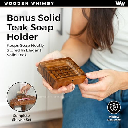 Teak Corner Shower Bench with Matching Soap Holder - Sturdy Waterproof Bathroom Stool Chair with Storage Shelf for Bathing Supplies - Bath Seat and Foot Rest for Shaving Legs - 15" x 15" x 18"
