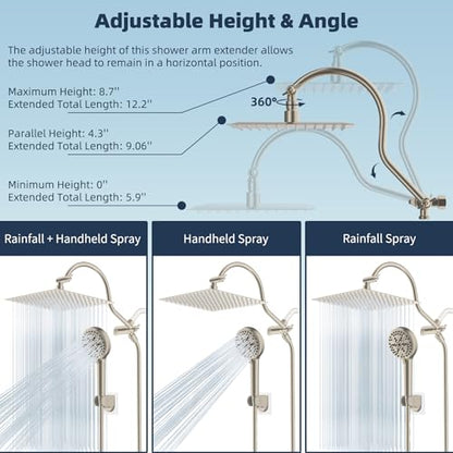 Hibbent 12'' All Metal CUPC Certified Shower Head, High Pressure Rainfall Shower Head, Handheld Showerhead Combo, 12'' Adjustable Extension Arm, 10-Spray, 71'' Hose, Showerhead Holder, Brushed Nickel - color: Brushed Nickel, style: Square 12''