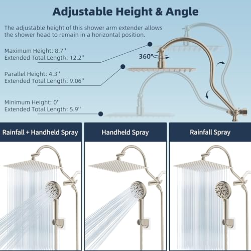 Hibbent 12'' All Metal CUPC Certified Shower Head, High Pressure Rainfall Shower Head, Handheld Showerhead Combo, 12'' Adjustable Extension Arm, 10-Spray, 71'' Hose, Showerhead Holder, Brushed Nickel - color: Brushed Nickel, style: Square 12''