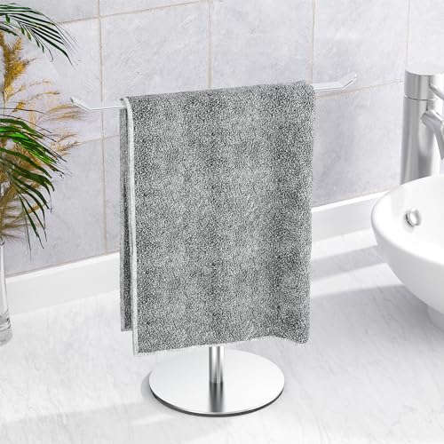 Silver T-Shaped Hand Towel Holder Stand for Countertops, Stainless Steel | Countertop rack for bathrooms and kitchens; organizes hand towels, headbands and other lightweight items. - color: Brushed Nickel