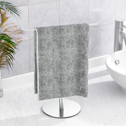 Silver T-Shaped Hand Towel Holder Stand for Countertops, Stainless Steel | Countertop rack for bathrooms and kitchens; organizes hand towels, headbands and other lightweight items. - color: Brushed Nickel