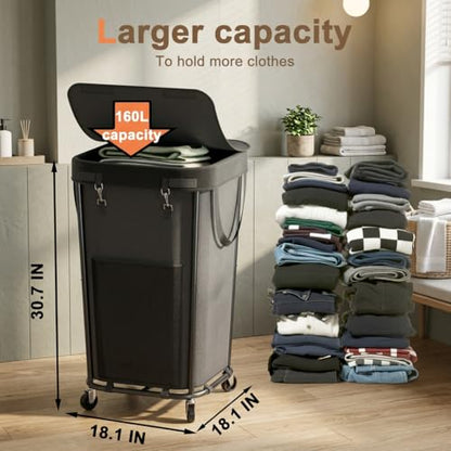Homedepal 160L Rolling Laundry Basket with Wheels & Removable Bag - Easy‑Move Hamper for Bathroom and Laundry Room (160L Black) - color: 160L Black with Cover