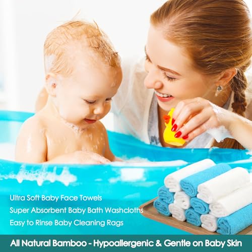 JEFFSUN Baby Washcloths 12 Pack,Super Soft Face Towels,10''x10'',White+Blue | 100% Viscose,Gently Wash Face & Body,Skin Friendly,Easy Rinsed,Hanging Loop,Fast Dry,Newborn Kid Toddler Bath Shower Gifts - color: White & Blue, size: 10x10 inch-12 Pack
