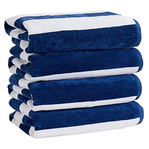 Market & Place 100% Cotton Velour Cabana Stripe Beach Towel Set 30" x 60" - Ultra Soft, Plush, & Highly Absorbent Towels for Pool, Beach, & Swimming. Marina Collection (4-Pack, Navy) - color: Navy