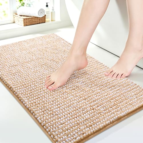 Luxury Chenille Bathroom Rugs Non Slip 32" x20", Extra Soft Absorbent Striped Bath Mats for Bathroom, Machine Washable Quick Dry Shower Floor Rug, Home Decor Accessories, Beige & White - color: Beige & White, size: 1'8" x 2'8" (Rectangular)