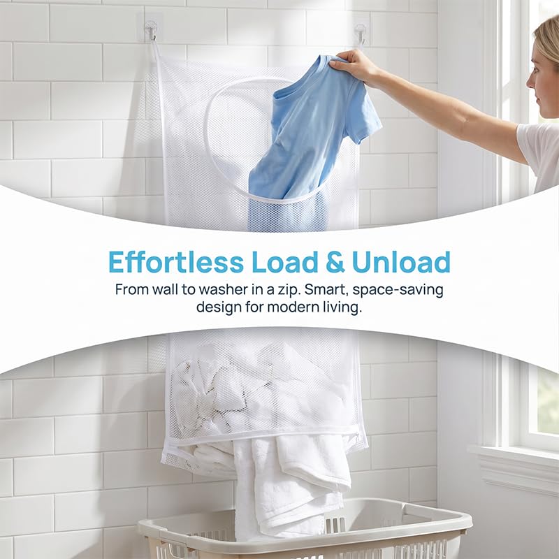 Hanging Laundry Hamper, Over the Door Laundry Hamper with Adhesive Hooks and Zipper for Bathroom and Bedroom, Whtie