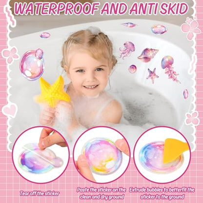 Whaline 30Pcs Bubble Non Slip Bathtub Stickers Adhesive Applique Decal Under the Sea Cartoon Bubble Shell Jellyfish Anti Slip Shower Tread with Scraper for Summer Bathroom Floor