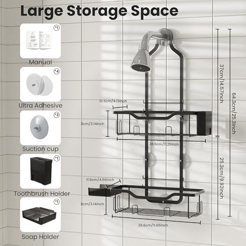 Shower Caddy Hanging 2-Tier Shower Organizer for Tall Showerhead,Rustproof Over Shower Head Rack,No Drill Bathroom Shower Caddy with Soap Dish,Toothbrush Holder and Hooks, Black - color: Upgraded Black