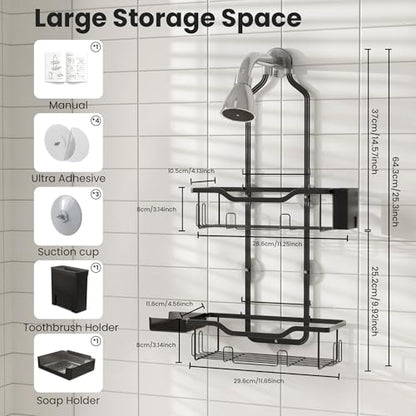 Shower Caddy Hanging 2-Tier Shower Organizer for Tall Showerhead,Rustproof Over Shower Head Rack,No Drill Bathroom Shower Caddy with Soap Dish,Toothbrush Holder and Hooks, Black - color: Upgraded Black