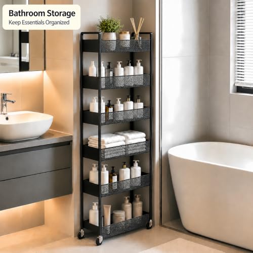 6-Tier Slim Rolling Storage Cart with Wheels,12.6" Raised Bottom Basket for Tall Bottles,Narrow Metal Utility Cart Organizer for Kitchen,Bathroom,Laundry Room,Gaps & Corners,Black