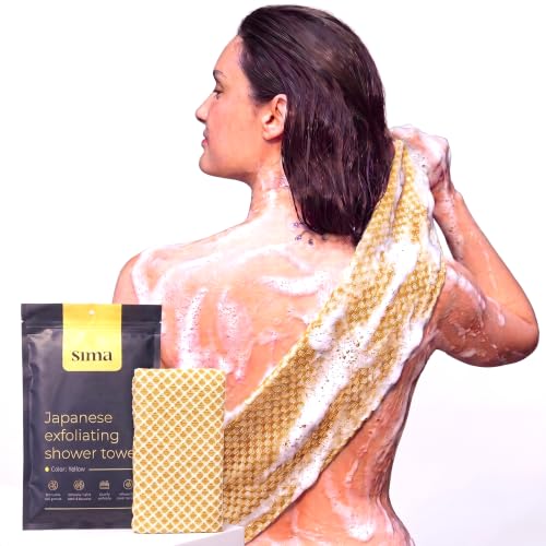 Exfoliating Washcloth Face & Body Scrub Towel - Japanese Exfoliating Towel with Hexagon Fibers, Body Scrubber with 2 Sides for Scrubbing & Washing, Extra Long Body Towels (Yellow) | Japanese Exfoliating Washcloth with Hexagon Fibers, 2 Sides for Scrubbing