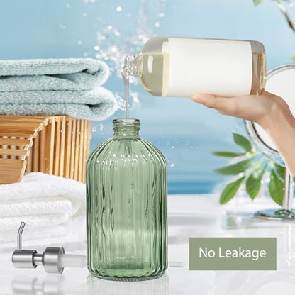14Oz Green Soap Dispenser Bathroom, 2 Pack, Stainless Steel Pump, Stripe | Clear Glass Hand Soap Dispensers, Refillable Dish Soap Dispenser for Kitchen, Countertop Soap Dispensers - color: Green (2-pack)
