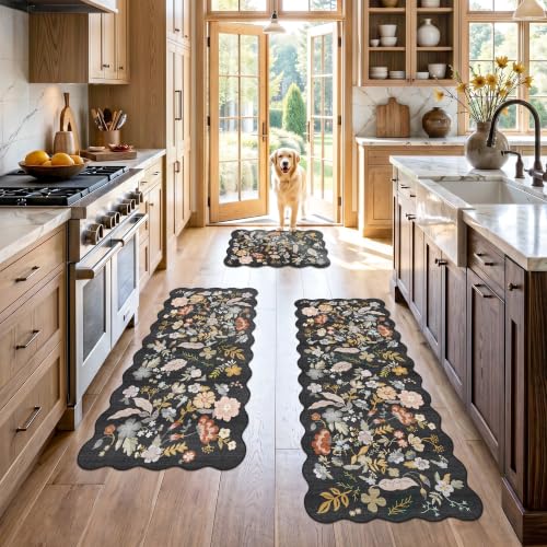 Scalloped Kitchen Rug Set of 3: Washable Floral Soft Boho Kitchen Runenr | (Black 20x30 + 20x48 + 20x60) - Non Slip Low-Pile Thin Door Mat Throw Decorative Floor Carpet for Bath Floor Sink Entryway - color: Black, size: 1'7" x 2'6" + 1'7" x 4' + 1'7" x 5'