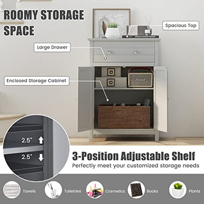 COSTWAY Bathroom Floor Cabinet, Wooden Side Storage Organizer w/Larger Drawer, Adjustable Shelf & 2-Door Cupboard, Freestanding Storage Cabinet for Living Room, Kitchen, Entryway (Grey) | Larger Drawer, Adjustable Shelf & 2-Door Cupboard, Freestanding Sto
