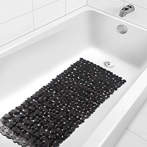 WELTRXE Non Slip Bathtub Mat 35 x 16 Inches Pebbles Shower Mats with Suction Cups, Drain Holes for Bathroom Showers, Tub, Machine Washable Bathroom Mats BPA, Latex Free Safe Tub Mats - Black - color: Pebbles-black, size: 35" x 16" (Rectangular)