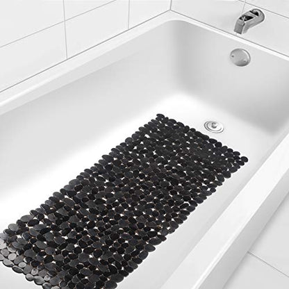 WELTRXE Non Slip Bathtub Mat 35 x 16 Inches Pebbles Shower Mats with Suction Cups, Drain Holes for Bathroom Showers, Tub, Machine Washable Bathroom Mats BPA, Latex Free Safe Tub Mats - Black - color: Pebbles-black, size: 35" x 16" (Rectangular)