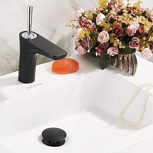 REGALMIX Pop Up Drain, Bathroom Faucet Vessel Vanity Sink Drain Stopper, Built-in Anti-Clogging Strainer, Without Overflow Matt Black,Fits Standard American Drain Hole(1-1/2" to 1-3/4") RWF082G - color: Black, size: Without Overflow