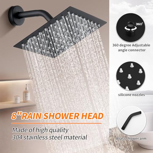 Black Shower Faucet Single Function Trim Kit with Rough-in Valve Set Bath Rainfall Shower System 8inch Square Stainless Steel Metal Shower Head - color: Matte Black