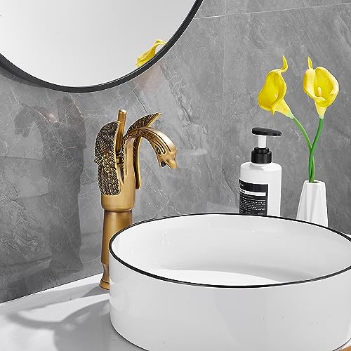 Antique Brass Swan Shape Single Handle One Hole Bathroom Vessel Sink Faucet Deck Mount Lavatory Sink Faucet - color: Antique Brass, size: Tall