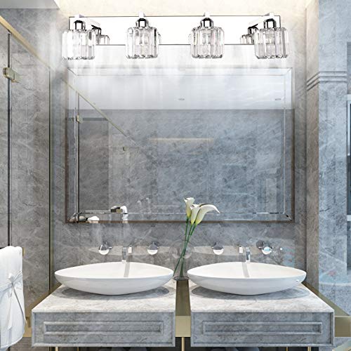 Aipsun Crystal Bathroom Vanity Light Modern Vanity Lighting Fixtures Crystal Vanity Light for Bathroom 4 Lights(Not Include Bulb) - color: Chrome (Round), size: 32 inch