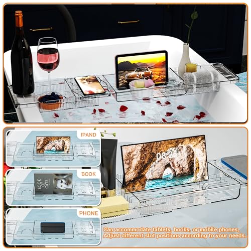 Luxury Tub Tray for Bathtub Expandable,Clear Bath Shelf Over Tub and Acrylic Bathtub Tray,Plastic Bath Board & Table,Bath Caddy Tray & Accessories for Mothers,Mom and Women Relaxing Spa Gifts - size: M - (22.3 to 31.8 in）