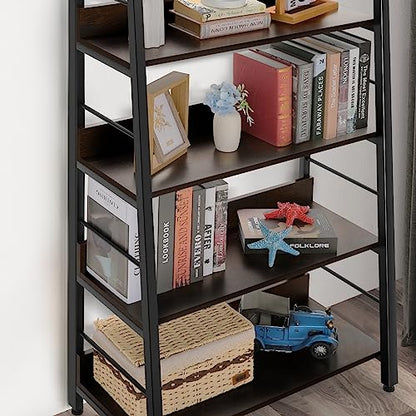 BATHWA 5 Tier Book Shelf, Rustic Industrial Ladder Bookshelf Wood Metal, Dark Brown Farmhouse 28'' Wide 59''Tall Ladder Shelf Living Room, Bedroom, Home Office - color: Espresso, size: 1pack-59"H x 27.7"W x 13.8"D