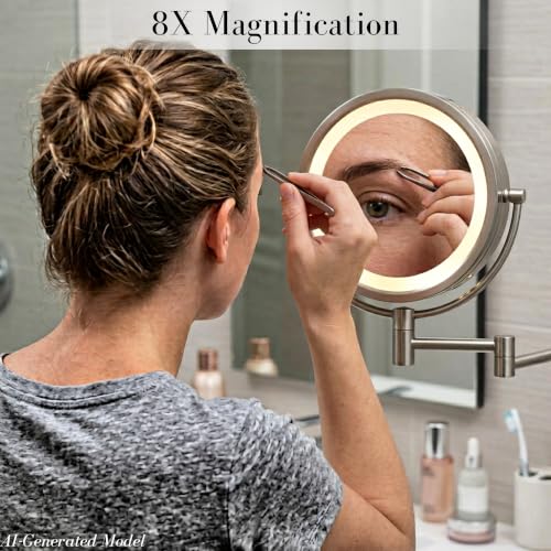 JERDON Hardwired Wall-Mount Makeup Mirror - 8X/1X - Nickel - HL75ND | 8.5" Diameter, 13.5" Wall Arm, LED Lighting, Direct Wire Installation - color: Nickel Direct Wire
