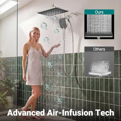 12" XXL Rainfall Shower Head with Handheld Combo Set, Nickel Brushed | High Pressure, Magnetic Docking, Air-Infusion Tech, Anti-Leak One-Piece Design, Dual Square Showerhead - color: Nickel Brushed