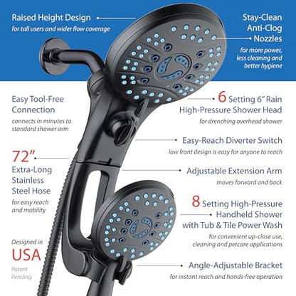 AquaCare 50-mode High Pressure Shower Head Combo with Arm & Dual Power Wash | Hygienic Jets, 2-mode Handheld Power Wash for Tub, Tile & Pets, Long 6 ft. Stainless Steel Hose, Extra Wall Bracket / Bronze - color: Oil Rubbed Bronze, style: 1.8 Gallons Per M