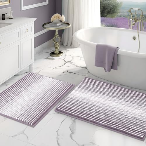 Bathroom Rugs and Mats Sets, 2 Piece Thick Absorbent Chenille Bath Mat Rug Set Non Slip, Soft Shaggy Bath Room Floor Mats for Bathroom, Machine Washable (Lavender Purple, 20" x 32" Plus 16" x 24") - color: Lavender Purple, size: 20" x 32" Plus 16" x 24"