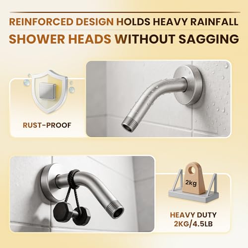 Brushed Nickel Shower Arm 6" Shower Extension Arm with Flange and Teflon Tape, Solid Brass Construction 1/2″ NPT, Close to Wall Shower Replacement for for Shower Head & Handheld Shower Head - color: Brushed Nickel