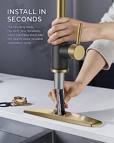 FORIOUS Kitchen Faucet with Soap Dispenser, Stainless Steel, Brushed Gold | Pull Down Sprayer, High Arc Single Handle, Classic 3 Modes Bar Sink Faucet with Deck Plate, Suitable for Rv Laundry Camper - color: Black&Gold, style: Classic