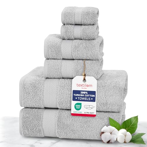TEXTILOM 100% Turkish Cotton 6 Pcs Luxury Bath Towels, Soft & Absorbent Bathroom Towels Set (2 Bath Towel, 2 Hand Towel, 2 Washcloths)- Light Grey - color: Light Grey, size: 6 Pcs Towel Set